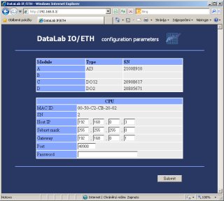 Konfigurace jednotky DataLab IO prostřednictvím WWW prohlížeče