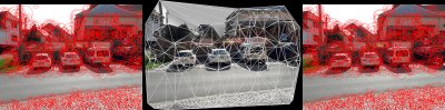 Obr. 3.: Ukázka stereoskopického snímání prostoru venkovní scény. Virtuální přístroj si vybuduje 3D model snímaného prostoru a z něj pak dokáže stanovit např. pozice automobilů a jejich vzdálenosti od kamery.
