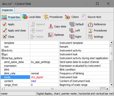 The Instrument Inspector in the tab Properties