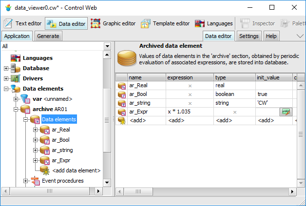 Definition example of data elements in the archive data section