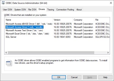 ODBC Data Source Administrator (64-bit) v anglick verzi Windows