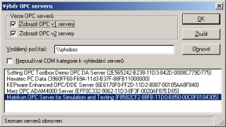 Okno vbru OPC serveru